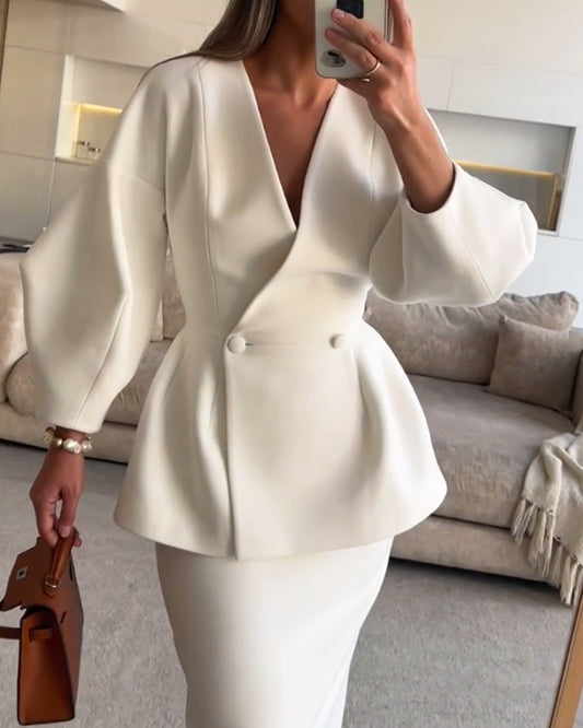 V-Neck Top &amp; Skirt Two-Piece Set