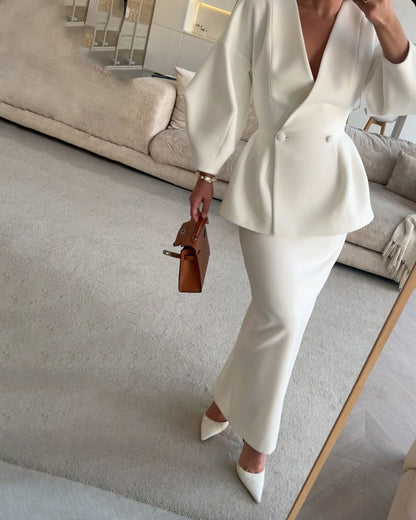 V-Neck Top &amp; Skirt Two-Piece Set