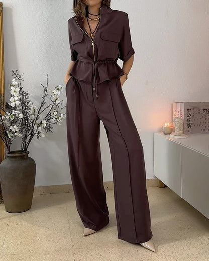 Casual Solid Zip Top Pants Set